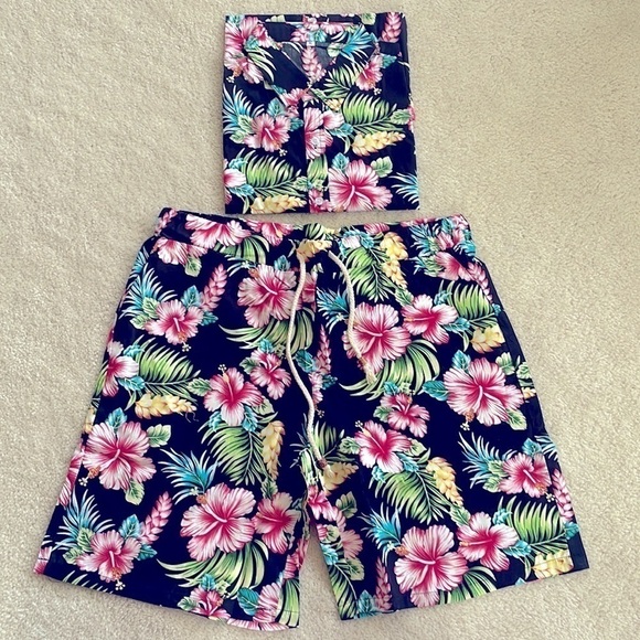 Brand New Hawaiian Shorts & Button Down Shirt 2-Piece Casual Set Tropical Floral - Picture 6 of 7